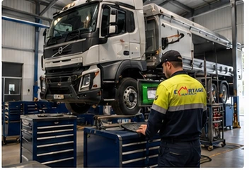 Volvo truck undergoing professional workshop maintenance